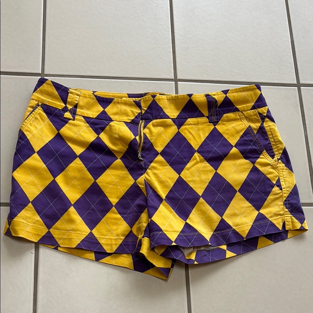 Loudmouth Yellow and Purple Bermuda Shorts with Bold Pattern